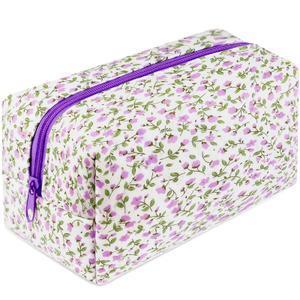 URSKYTOUS Quilted Makeup Bag Floral Large Cosmetic Bag Cotton Puffy Makeup Organizer Coquette Cute Travel Makeup Pouch Kawaii Aesthetic Portable Toiletry Storage Bag for Women Girls (Purple) (EXP 08/25/32)