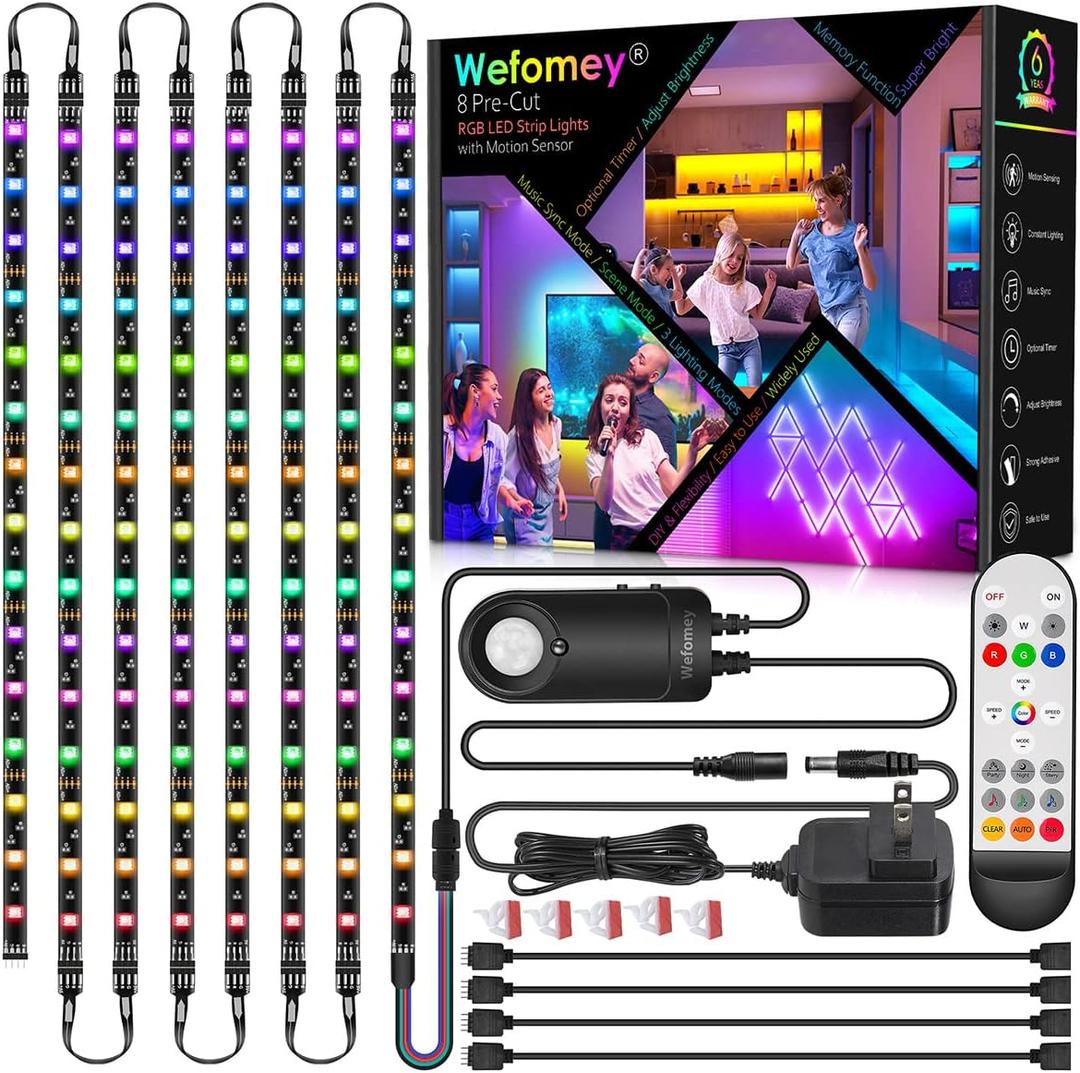 8 PCS RGB Under Cabinet Lighting Kit, 12v Motion Sensor LED Light Strip with Remote, ETL Listed Power Adapter, Music Sync Color Changing Led Lights for Shelves, Cabinet, Counter, Bookcase, 13ft