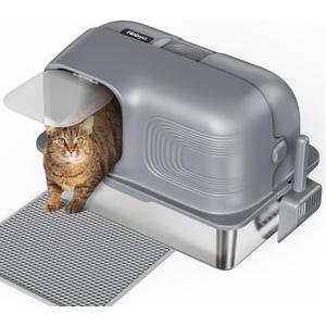 Enclosed Stainless Steel Litter Box with Lid, XL Side Entry Extra Large Litter Box for Big Cats & Multiple Cats,Metal Cat Pan with High Sided,Include Scoop and Mat,Anti-Leakage, Odor Free, Non-Sticky