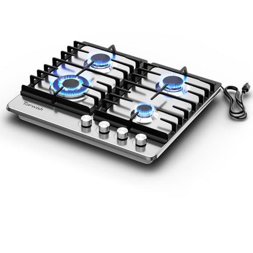 TOPWISH 24 Inch Gas Cooktop, Propane Stove Top with 4 Burners 27,400 BTU, NG/LPG Convertible Built-in Stainless Steel Stovetop with Thermocouple Protection for Kitchen, Apartments, RV, Silver