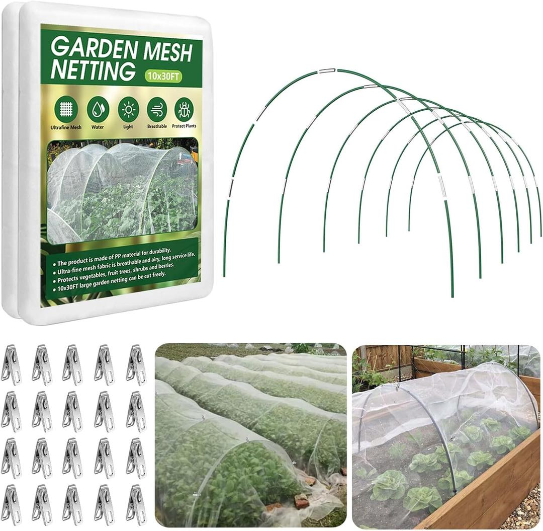 Garden Netting Kit for Raised Beds, 10x30FT Ultra Fine Mesh Netting＆ 6 Sets of 8FT Fiberglass Garden Hoops, Row Cover Insect Netting for Vegetable Plant Fruit Flowers Protection