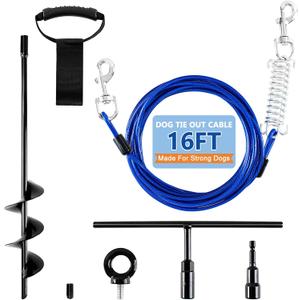 Heavy Duty Dog Tie Out Cable and Stake,Chew-Proof Dog Leads with Spring and Strap,Anti-Rust Ground Anchors with Extended T-Wrench,Dog Runner for Small Medium Dogs,for Yard Camping Beach,16FT
