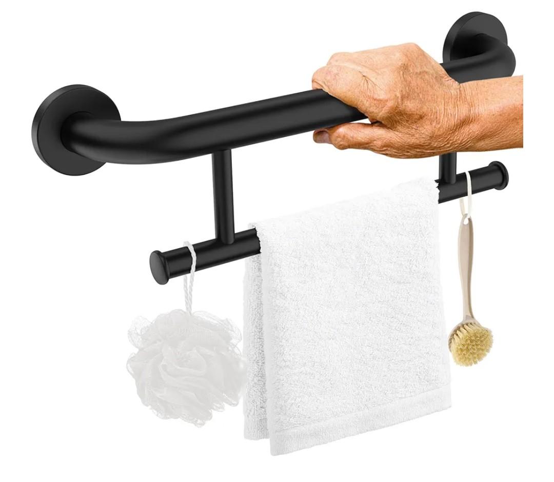Oil Rubbed Black Grab Bar 17 Inch w/Towel Holder, iHansee Stainless Steel Shower Towel Bar Bathroom Balanced Support Handle, Wall Mount Safety Handrail Grab Rail for Elderly Senior Handicap Disabled