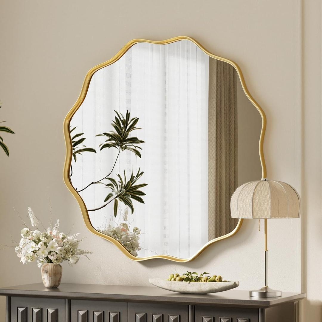 VooBang Gold Scalloped Circle Mirror, 24" Wavy Edge Round Wall Mirror with Tempered Glass Textured Circular Metal Deep Frame, Hanging Leaning for Bathroom, Hallway, Entryway, Livng Room