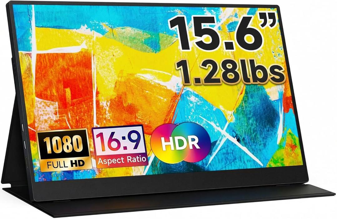Portable Monitor 15.6 inch Ultra-Light Extended Monitor for Laptop 1080P FHD IPS Build-in Speakers HDMI USB-C Second Screen for Gaming PC mac Phone PS4/5 Switch Xbox with Kickstand Case