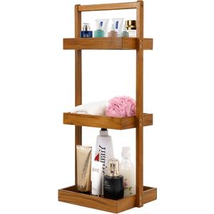Utoplike Teak Shower Caddy Shelf, Standing Shower Organizer for Bathroom Corner, Wooden Freestanding Racks Storage for Inside Shower, Bath, Office, Stand Up 3 Tier Kitchen Desktop Organization