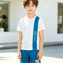 Ayzozuy Boys 2-Piece Summer Outfit Set - Side Color Block Stripe Short Sleeve T-Shirt Shorts Kid Clothes Casual Daily Wear(11-12t)
