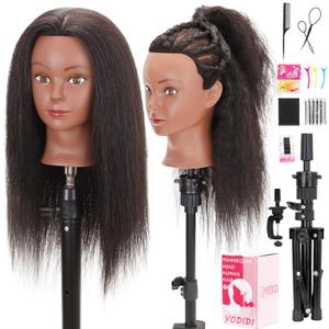 Mannequin Head with 100% Human Hair, Manikin Head Human Hair Cosmetology Doll Head for Hair Styling Hairdresser Practice Braiding with Table Clamp Stand and Tools (16 inch + tripod)