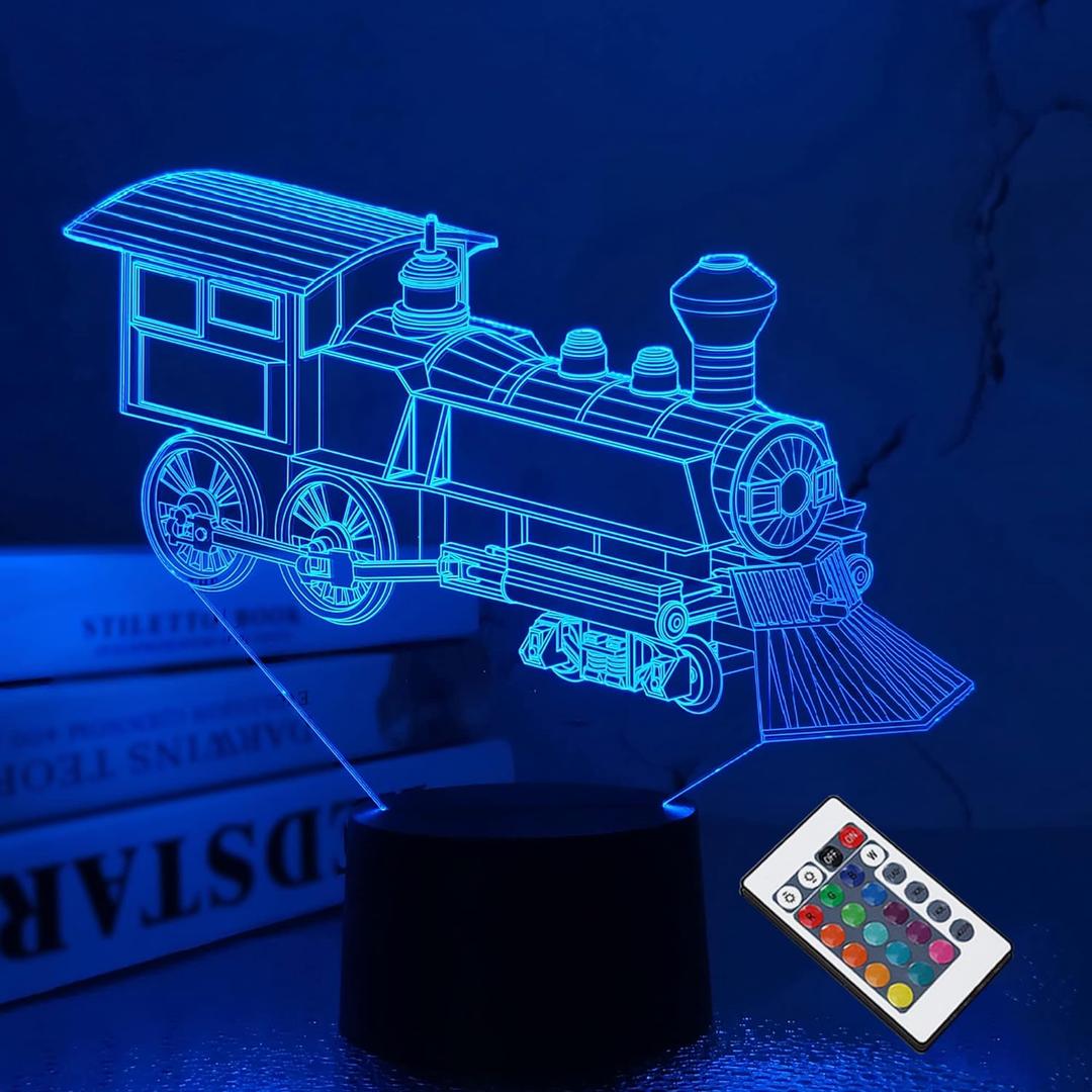 FULLOSUN Train Night Light, 3D Illusion Lamp for Kids, 16 Colors Changing with Remote Control Dim Function, Creative Birthday Xmas Gifts for Kids Boys Bedroom Decor