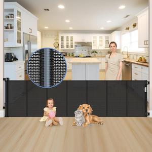 Reinforced 120 Inch Extra Long Retractable Dog Gates for Doorways Extra Wide Pet Gate Indoor 10 Ft Retractable Baby Gates for Dogs 33 Inch Tall Mesh Baby Gate Long with Reinforced Strips, Black