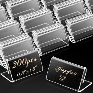 200 Pieces Mini Acrylic Sign Display Holder - Clear Plastic L Shape Price Name Label Stands - Clear Tag Holder for Counter Storage Bins, Retail Shop Store Display (4 x 2 cm)
