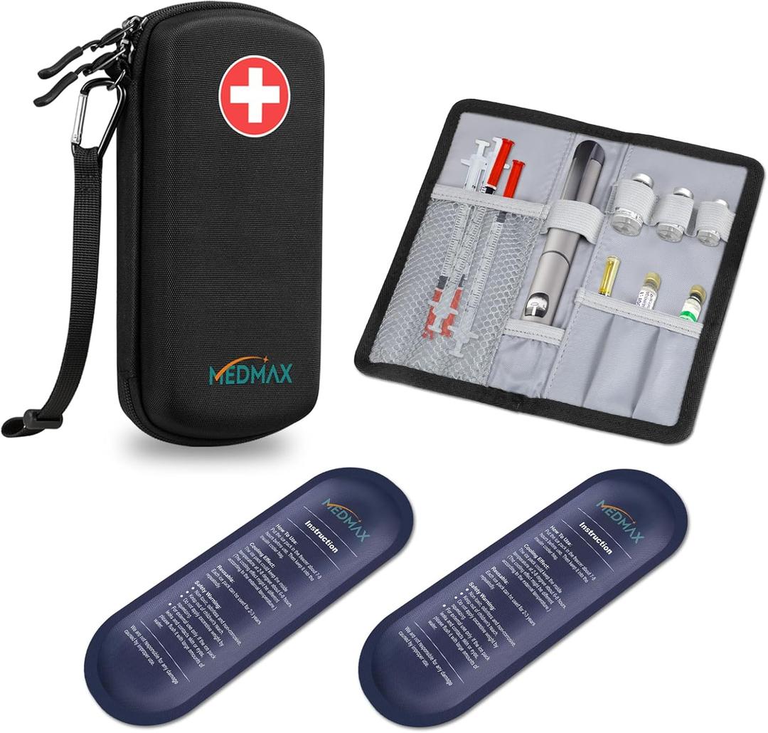 MEDMAX Hard Shell Insulin Cooler Travel Case with 2 Ice Pack, Shock Absorption Insulated Diabetic Medication Organizer Carrying Bag with Extra Pouch for Insulin Pen and Other Diabetic Supplies, Black