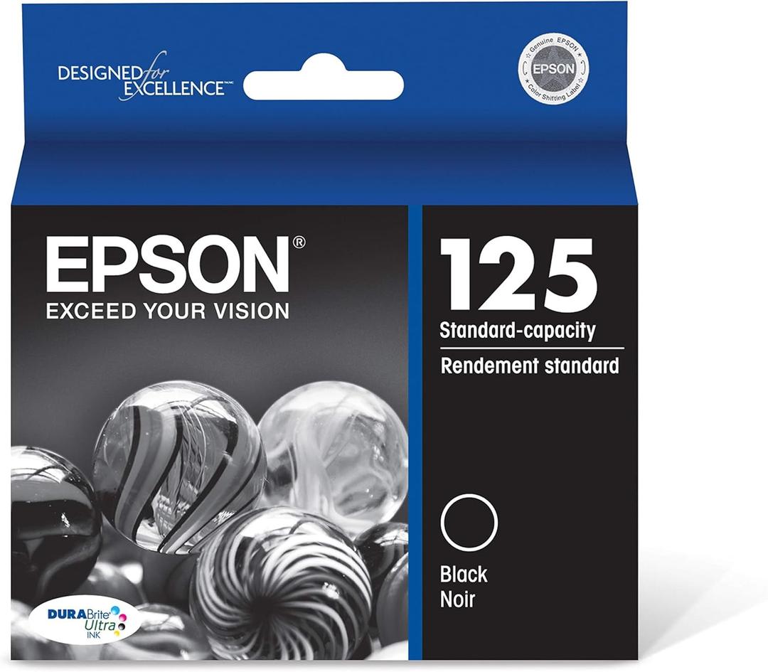 Epson 125 DURABrite Ultra Ink Standard Capacity Black Cartridge (T125120-S) Works with Stylus NX-125, 127, 130, 230, 420, 530, 625, Workforce WF-320, 323, 325, 520