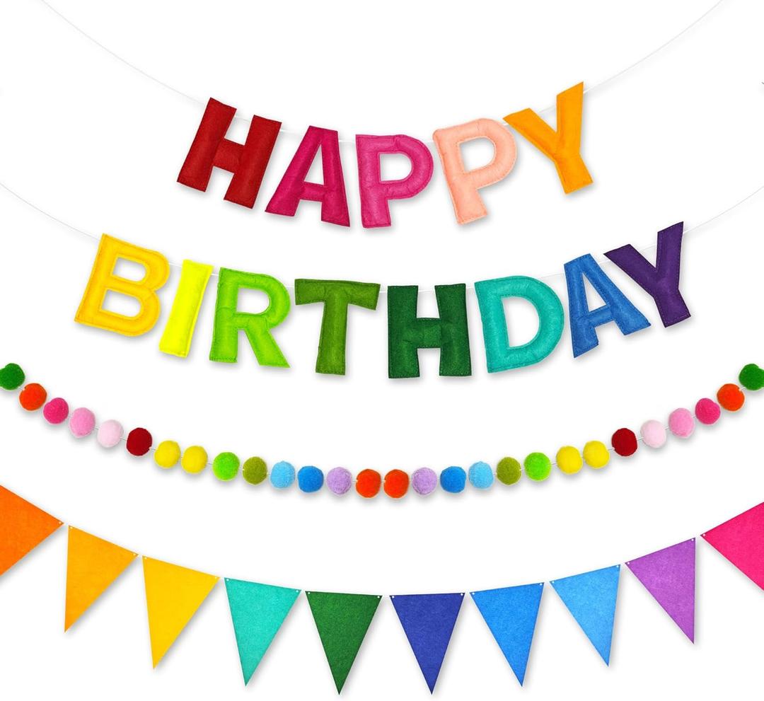 CANREVEL Pre-Strung 3D Rainbow Happy Birthday Banner, 3 PCS Happy Birthday Felt Sign, Pom Pom Garland, Triangle Fabric Bunting, Colorful Reusable Birthday Decorations for Women Men Girls Boys, Multi