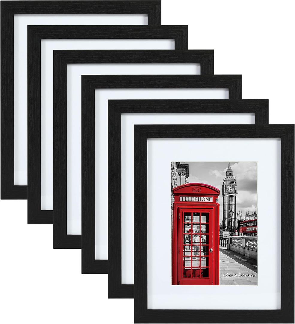 PEALSN 11x14 Picture Frame Set of 6, Display Pictures 8x10 with Mat or 11x14 without Mat for Wall Mounting or Table Top Display, Photo Frames Collage for Wall Decor, Black Woodgrain.