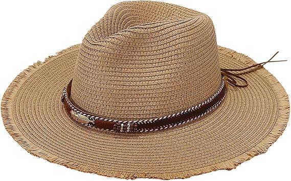 Women's Straw Sun Hat with Feather Decoration Summer Beach Vacation Wide Brim UV Protection Fashionable Resort Wear