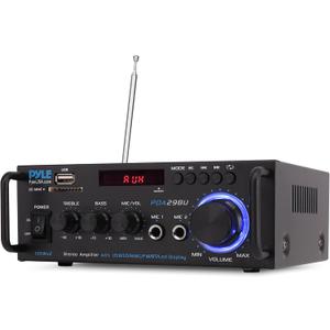 Pyle 200W Wireless Bluetooth Stereo Power Amplifier - Dual Channel Audio Receiver with RCA - USB - SD - MIC IN - FM Radio - AUX Input - Remote Control for Home Theater & Studio Use - PDA29BU