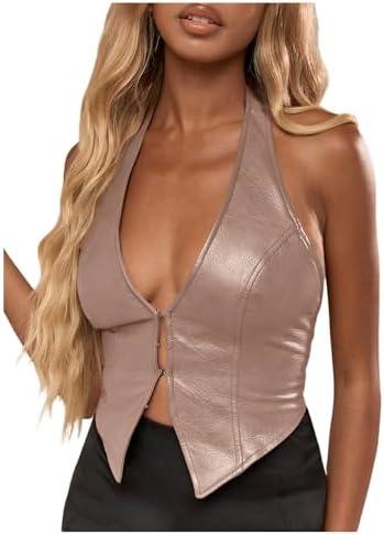 SOLY HUX Women's PU Leather Halter Tank Tops Sexy Deep V Neck Asymmetrical Vest Corset Party Clubwear Pure Pink X-Small