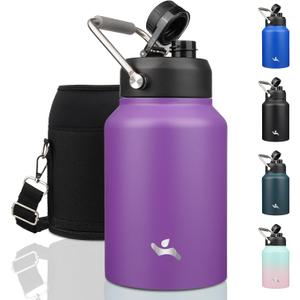 Konokyo Half Gallon Jug with Handle,64 oz Insulated Water Bottle with Carrying Pouch,Double Wall Vacuum Stainless Steel Metal Bottle,Purple