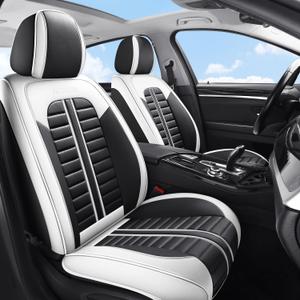 Car Seat Covers Full Set Leather, Luxury Universal Automotive Vehicle Seat Cover for Cars SUV Pick-up Trucks, Heavy Duty Waterproof Seat Protector, Black and White Car Accessories Interior