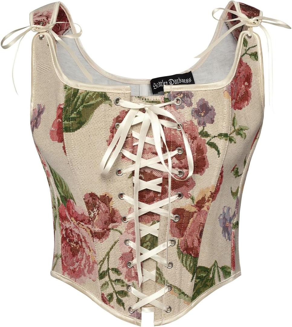 Scarlet Darkness Women Renaissance Corset Pirate Bustier Top Bodice Bodyshaper (6, Beige Red Floral)