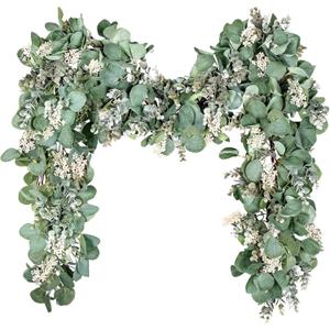 Ouddy Decor Eucalyptus Garland 6.56 Ft Lush Silver Dollar Leaves Boxwood with White Buds Artificial Faux Greenery Vines for Baby Shower Wedding Party Table Runner Room Home Mantle Decor (1 Pack)
