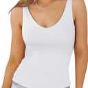 PINKMSTYLE Womens Basic Double Lined V Neck Tank Tops Slimming Workout Summer Tops Sleeveless Shirts (White, S)