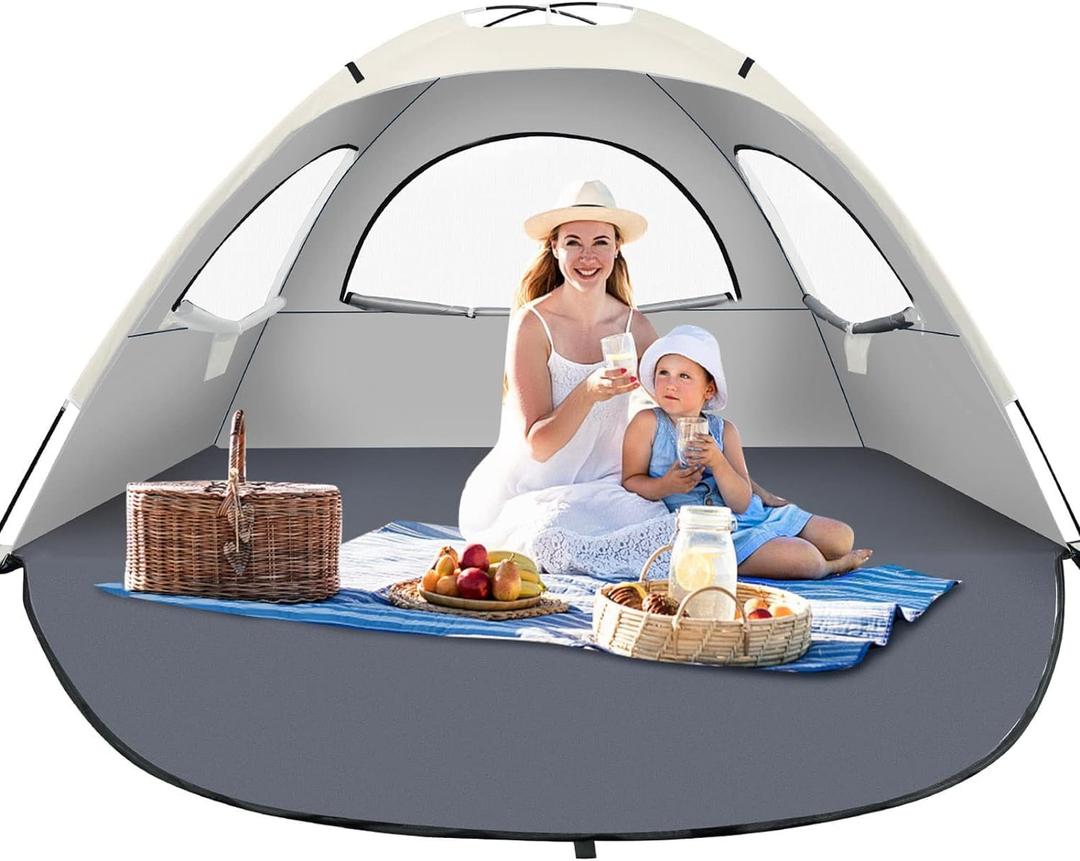 Beach Tent Sun Shelter for 3-4Person, Lightweight Beach Tent with UV Protection, 3 Mesh Roll Up Windows & 8.0mm Fiberglass, Easy Assemble (Off White)
