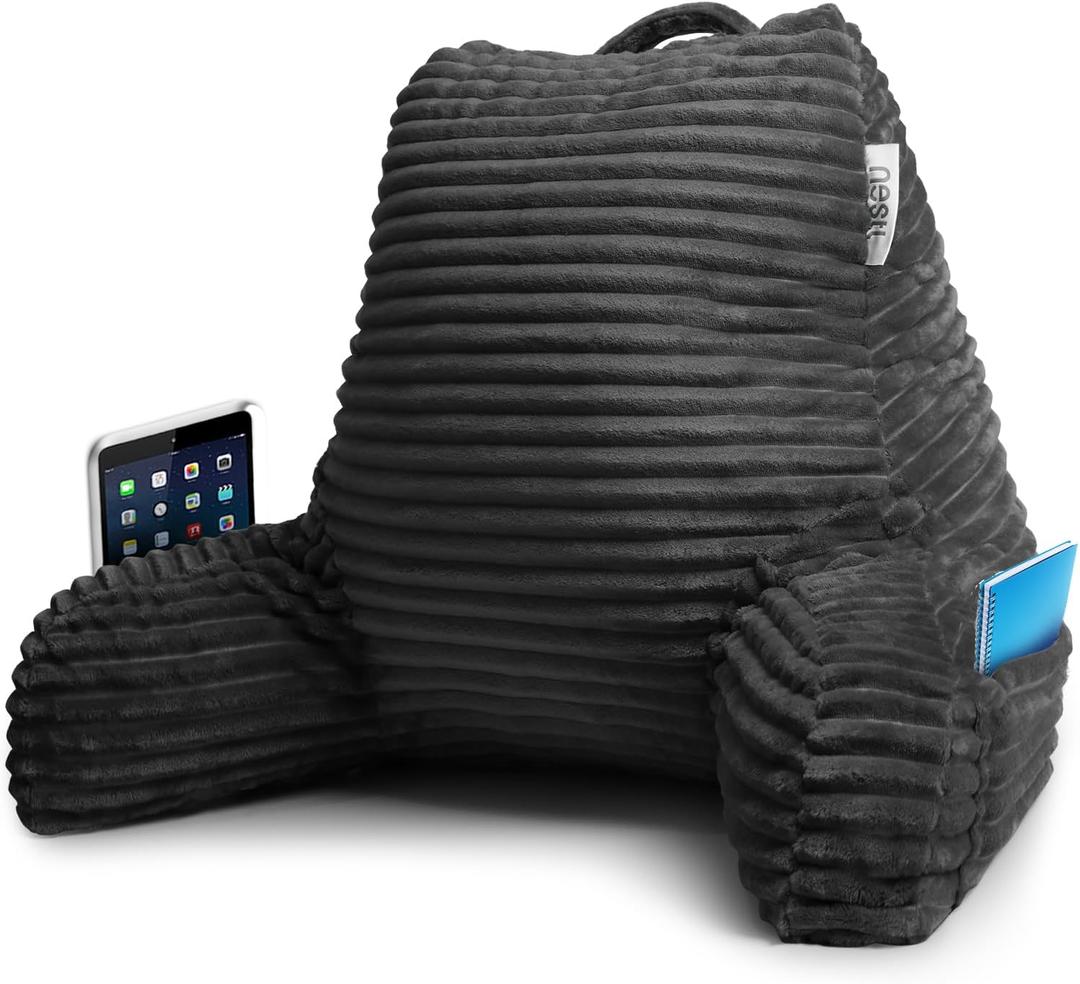 Nestl Reading Pillow with Shredded Memory Foam, Luxe Cut Plush Back Pillow for Sitting Up in Bed, Back and Arms Adjustable Support for Adult & Teens, Backrest Pillows with Washable Cover Dark Grey