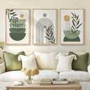 Framed Sage Green Boho Wall Art Bedroom, 3 Piece Bohemian Botanical Paintings Prints Canvas Artwork for Walls, Large Mid Century Modern Boho Pictures for Living Room Home Office Wall Decor, 16x24 In, 16" W x 24" H x 3Pcs