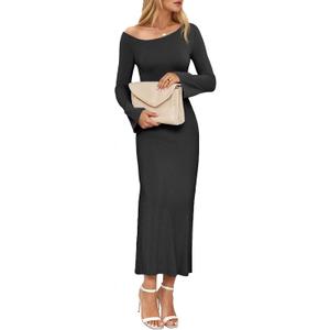 Wenrine Womens Fall Off The Shoulder Bodycon Sweater Dress 2025 Formal Long Sleeve Elegant Cocktail Party Maxi Dresses (Large, Black)