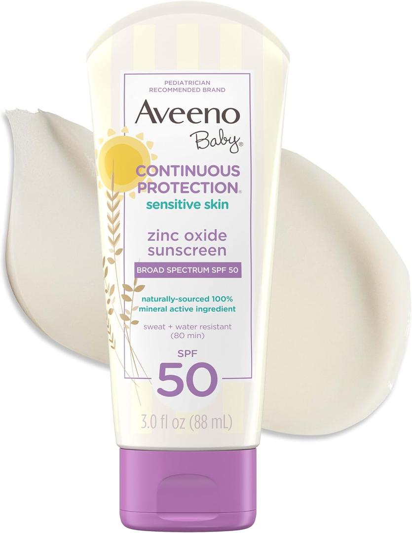 Aveeno Baby Continuous Protection Zinc Oxide Mineral Sunscreen Lotion for Sensitive Skin, Broad Spectrum SPF 50, Tear-Free, Sweat- & Water-Resistant, Paraben-Free, Travel-Size, 3 fl. oz