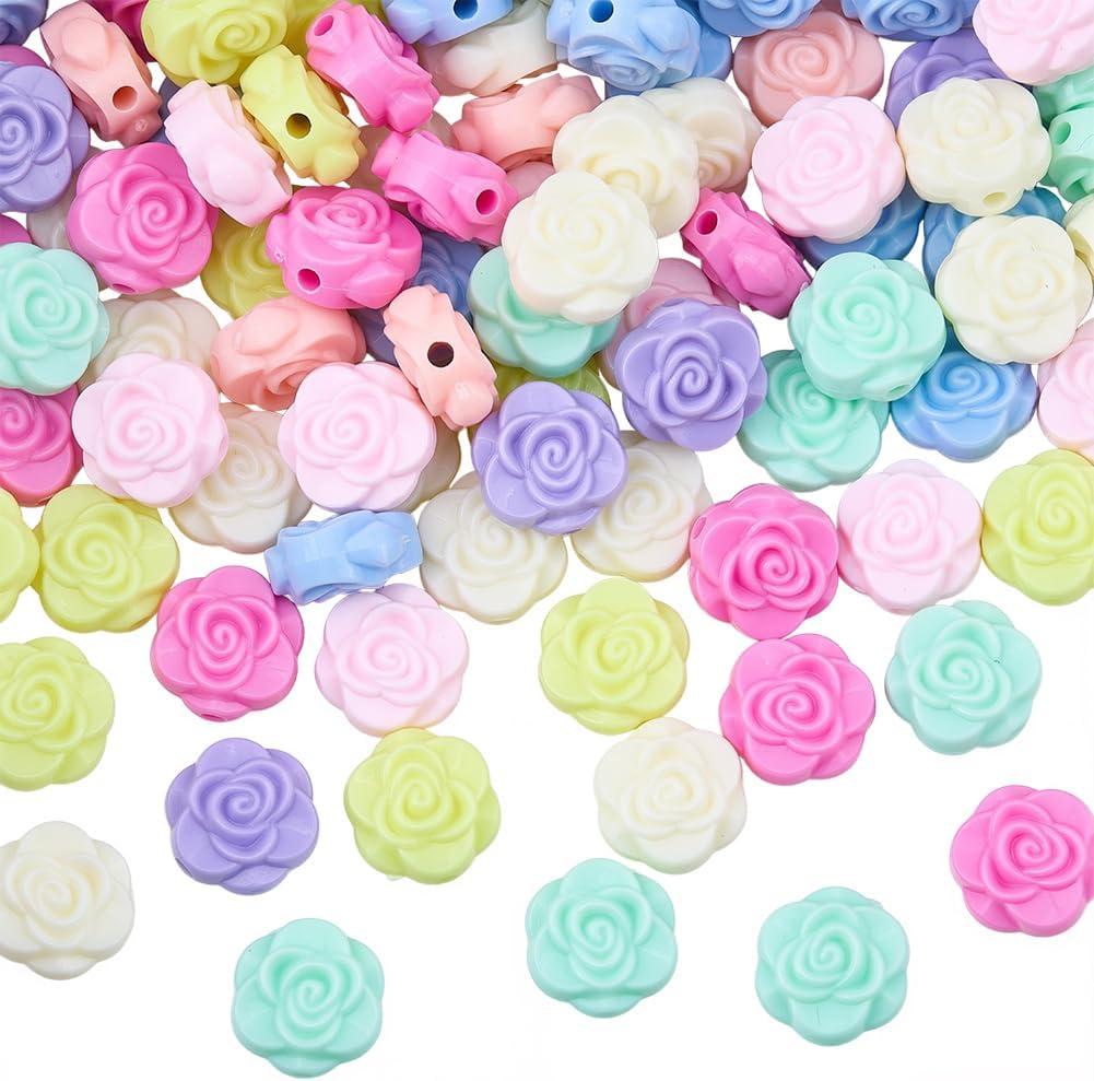 100 Pcs Acrylic Flower Beads, Random Assorted Colors, Small 3D Flat Aesthetic Beads for Jewelry Making, Necklaces, Bracelets and Crafts