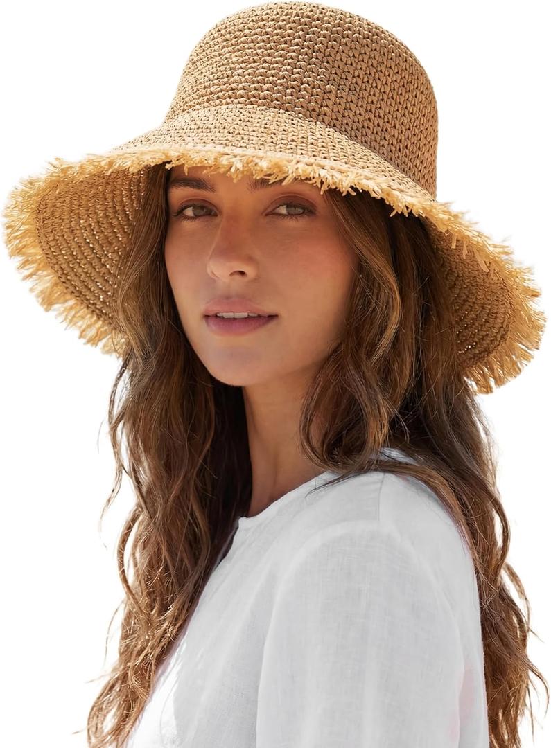 Beach Hats for Women - Straw Bucket Hats for Women, Packable Sun Hat Womens with Chin Strap, UPF 50+ Summer Protection (Beige)