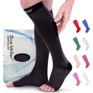 Doc Miller Open Toe Compression Socks for Women & Men 1520 mmHg, Knee High Calf Support Sleeves, Graduated Stockings for Swelling Recovery, Circulation, 1 Pair (XX-Large Tall, Black)