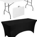 1 Set 6 FT Rectangle Folding Table with Carrying Handle, Lightweight Fold-in-Half Utility Table, with Matching Black Stretch Spandex Covers, Ideal for Weddings, Parties, Camping, Banquets, Crafts