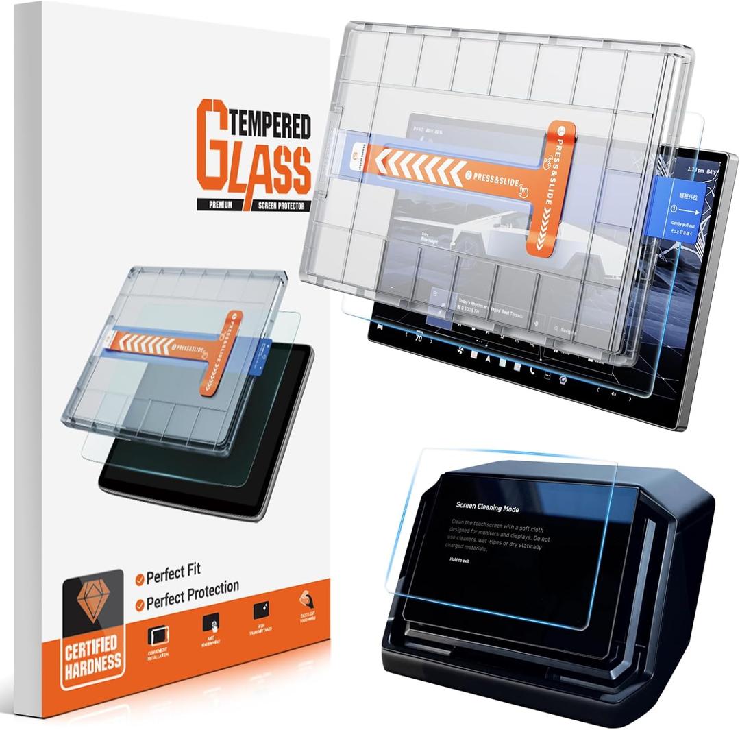 For Tesla Cybertruck Glossy Screen Protector - [More Clear& Smooth] Cyber Truck EV Pickup Accessories - 9H+ Ultimate Tempered Glass for 18.5" Front & 9.4" Rear Screen - Mounting Frame Kit