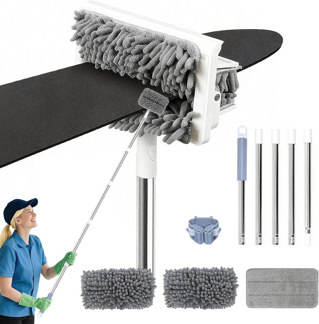 Ceiling Fan Cleaner Duster with 80'' Extendable Long Handle Pole - Microfiber Chenille Pads for Blades, Baseboards, Walls, Floors, Blinds & Cobwebs - Reusable & Washable