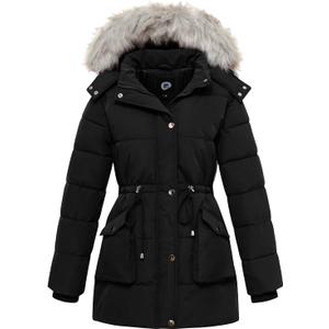 Women's Winter Hooded Coat Waterproof Down Long Jacket Warm Parka Thicken Puffer Coat with Removable Fur Hood (Large, Black)