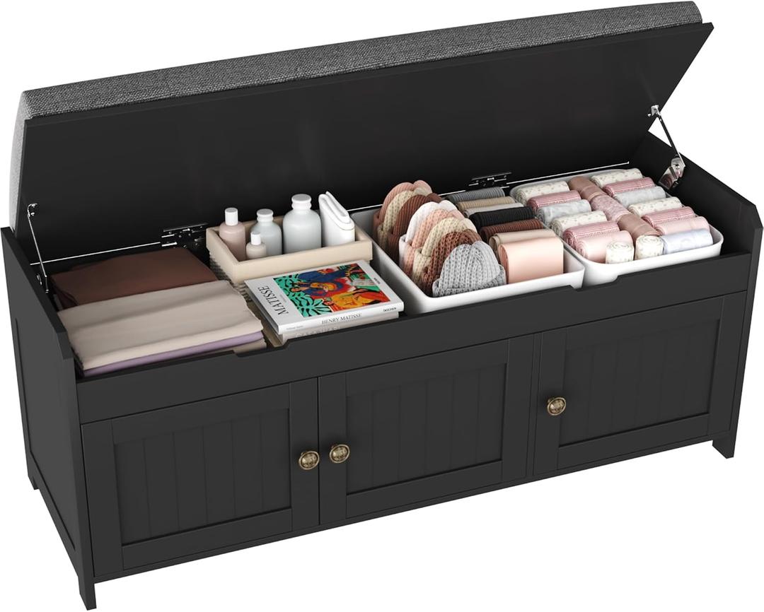 HOMEFORT 41.3" Shoe Bench with Lift Top Storage, Entryway Bench with Cushioned Seat, Wooden End of Bed Bench, Shoe Cabinet Bench with Hidden Storage Space, for Bedroom, Hallway,Black, 41.3"Wx14.9"D x18.1"H