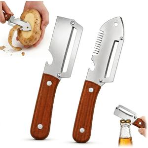2 PCS Multifunctional Vegetable Peeler Set,2026 Upgraded Stainless Steel Kitchen Peelers with Wooden Handle, Bottle Opener, Julienne Cutter & Cutting Tip for Potato, Carrot, Fruits