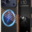 TENDLIN Magnetic Case Compatible with iPhone 17 Pro Max Case Wood Grain with Carbon Fiber Texture Design Leather Hybrid Slim Cover (Compatible with MagSafe) Three Stripe