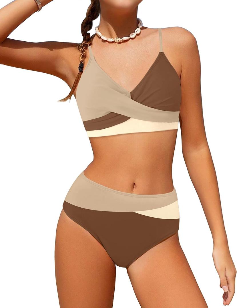 WIQI Girls Swimsuit Bikini Set 2 Piece Bathing Suits Color Block Criss Cross Swimwear Size 9-16 (9-10 Years, Brown)