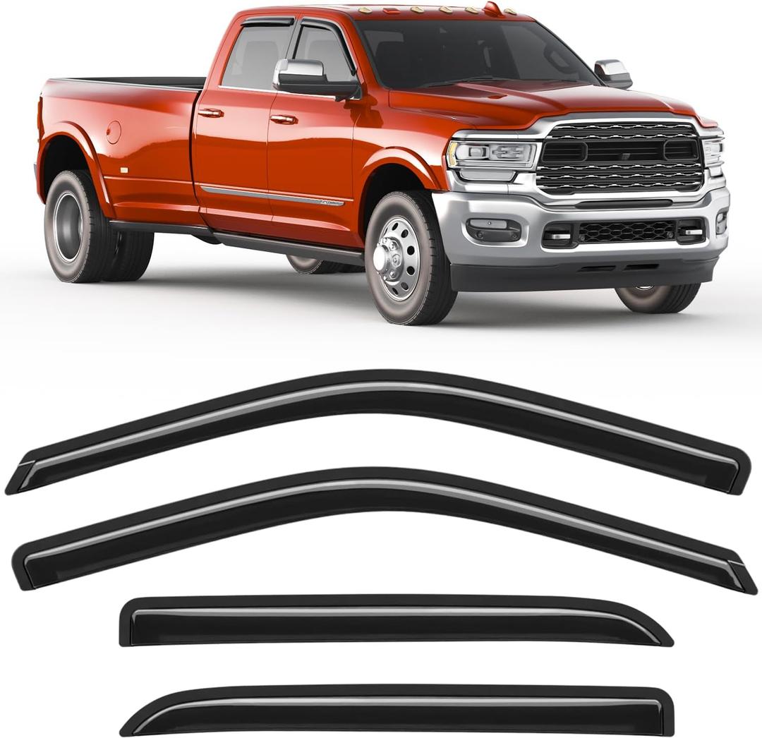 Tape-on Rain Guards Fit for Dodge Ram 1500 2009-2024 Ram 2500 & 3500 2010-2025 Extra-Thick Window Rain Guard Window Deflectors Window Vent Visors Vent Shades Exterior Car Accessories-4PCS