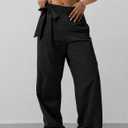 Women's Wide Leg Pants Y2K Trendy Elastic Waist Track Pants Baggy Tie Knot Trousers with Zipper Pockets Streetwear Casual (Large, Black)