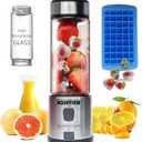 Portable Smoothie Blender ROSEVIEW Glass Cordless Mini Shakes Cup blend for smoothies USB rechargeable juicer 2 battery Handheld Personal travel Jet mixer (BLK Steel)