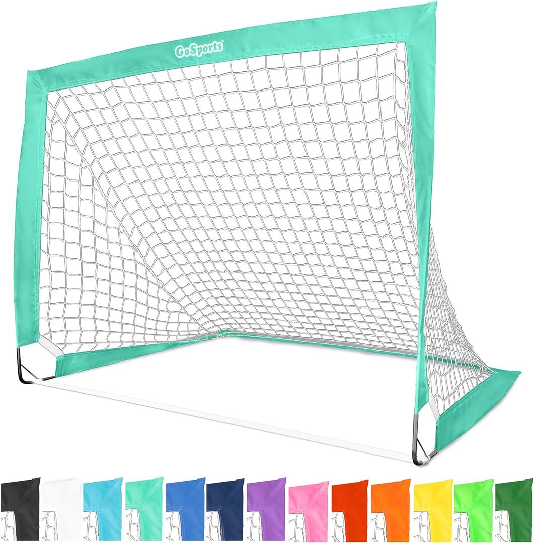 GoSports Portable Soccer Goals for Kids - 13 Color Options - Choose 4 x 3 ft or 6 x 4 ft - Team Tone Pop Up Nets for Backyard (Turquoise)