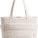 BAGSMART Tote Bag for Women, Lightweight Puffy Tote Bag with Compartments, Quilted Shoulder Bag Handbag for Travel, Work (Beige)
