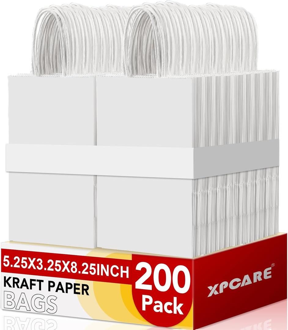 XPCARE 200Pcs Paper Gift Bags 5.25x3.25x8.25'', Gift Wrap Bags with Handles White Kraft Paper Bags for Small Business Paper Bags Bulk for Birthday Party Favors Shopping Retail