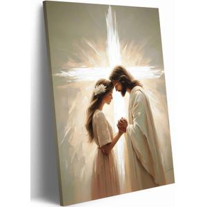 Jesus Praying with Woman Canvas Wall Art Jesus with Girl Painting Christian Cross Wall Decor Pictures God Poster Prints for Living Room Bedroom Church Home Decorations 16x24in Ready to Hang